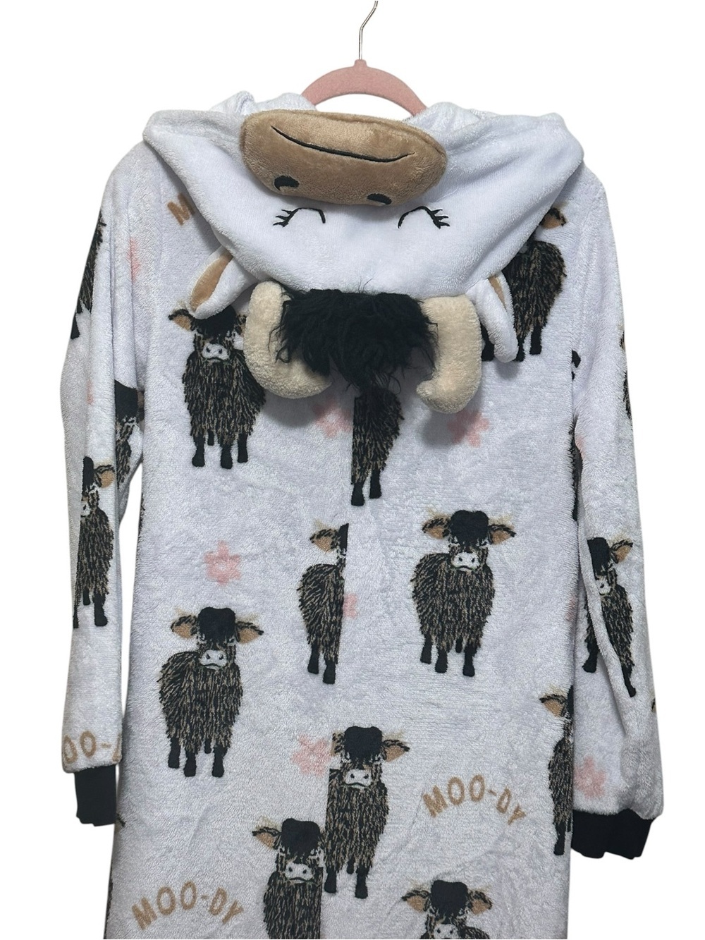 Holiday Time. White Hooded Fleece Onesie with Black Cow Print - Picture 4 of 8